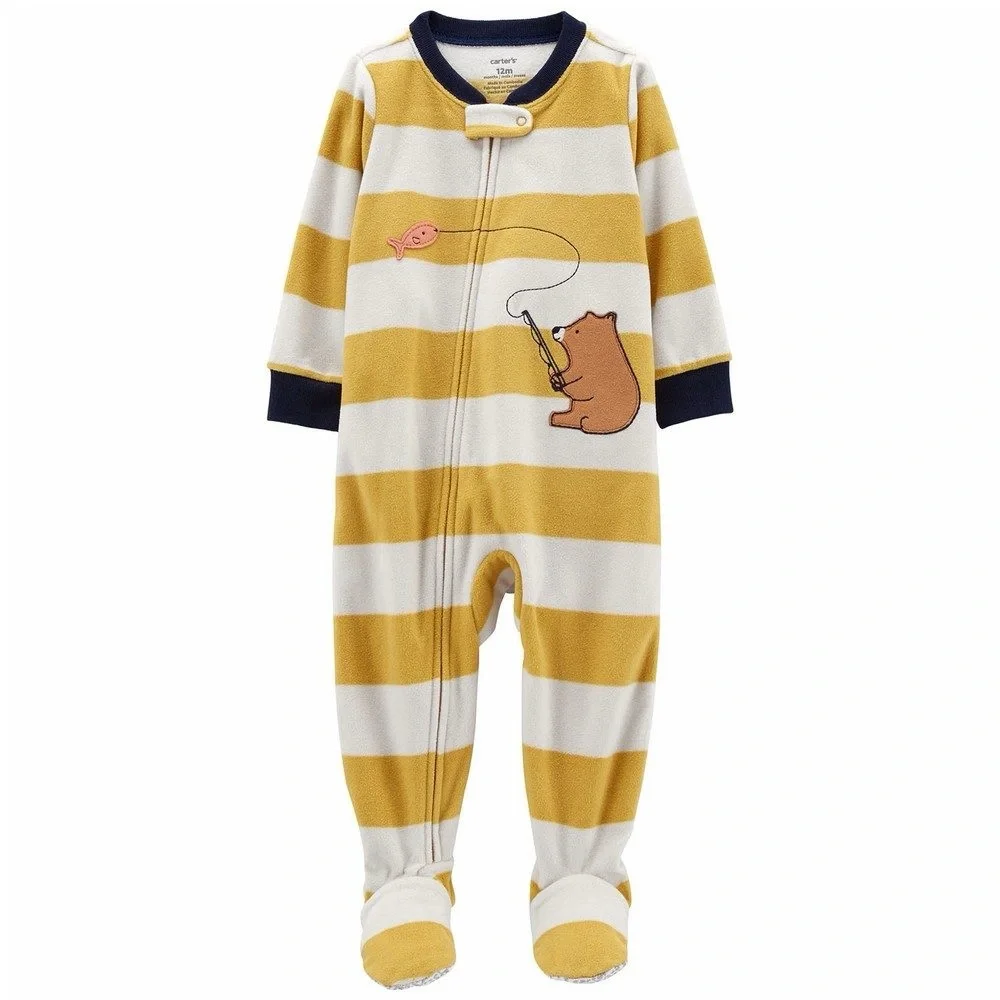 Carter’s One Piece Fleece Sleepwear Toddler Fishing Bear Stripe Footed Pajamas